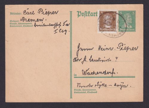 Bahnpost Bremen Ganzusache berühmte Deutsche + ZUF nach Wachendorf 11.8.1927