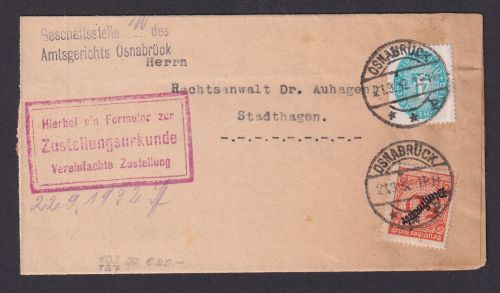 Deutsches Reich Dienst Brief Zustellurkund Osnabrück Stadthagen 21.9.1932