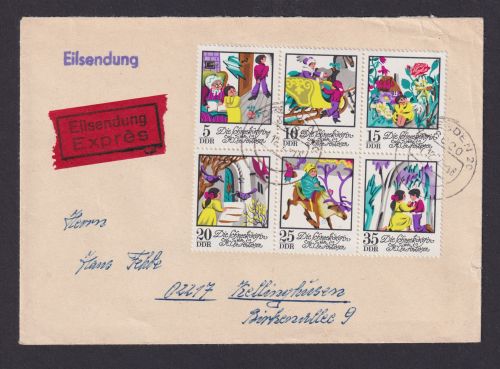 DDR Eilboten Brief 1801-1806 Märchen Schneekönigen Kleinbogen Dresden nach