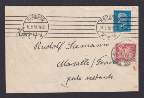 Briefmarken Nachgebühr Deutsches Reich Hindenburg Marseille Portomarke