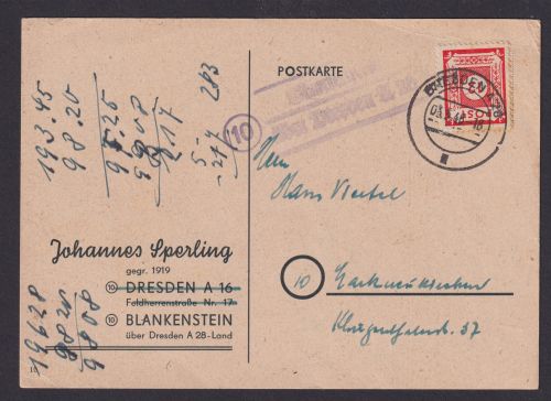 SBZ Landpoststempel Blankenstein über Dresden auf Postkarte EF 12 Pfg. 3.5.1946