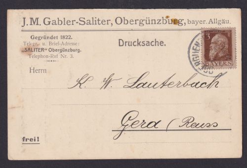 Obergrünzburg Altdeutschland Bayern Allgäu EF 3 Pfg Luitpold Drucksache Vordruck
