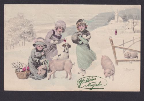 Ansichtskarte Neujahr Schwein Glücksschwein Tiere Künstlerkarte Sign. Herenat ab