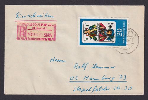 DDR R Brief EF 1300 Spielkarten + Einschreibemarke 50 Pfg. Gebühr bezahlt