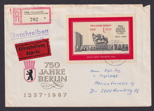 Briefmarken DDR Brief Einschreiben Eilboten EF Block 89 750 Jahre Berlin