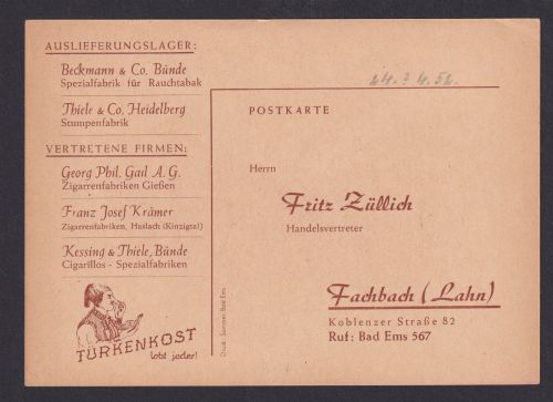 Bestellkarte Reklame Türkenkost Tabakwaren Firma Fritz Züllich Fachbach Lahn