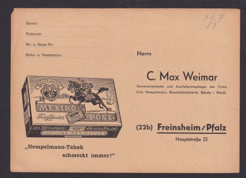 Freinsheim Pfalz Reklame C. Max Weimar Tabak Mexiko Post Rauchen Bundesrepublik