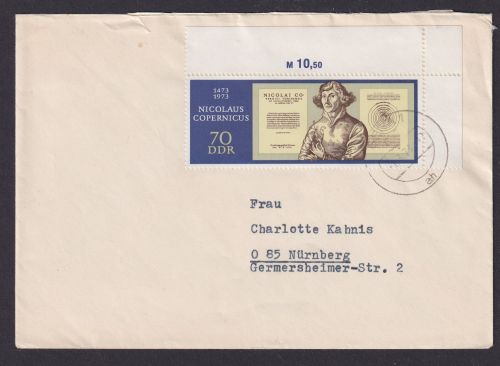 Briefmarken DDR Brief 1828 Kopernikus schöne Bogenecke Eckrand Gera n. Nürnberg