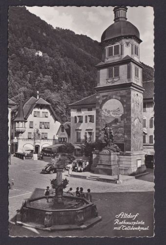 Ansichtskarte Altdorf Bayern Rathausplatz Telldenkmal Brunnen Conditorei W.