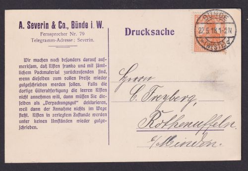 Deutsches Reich Bünde Reklame Postkarte Eindruck Severin & Co Rothenuffeln 1918