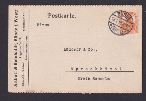 Deutsches Reich Brief EF Germania nach Sprockhövel auf Reklame Postkarte 1918