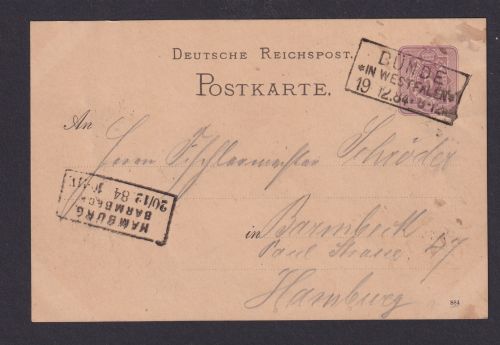 Bünde NRW Westfalen Deutsches Reich Ganzsache R3 Hamburg Barmbeck 19.12.1884