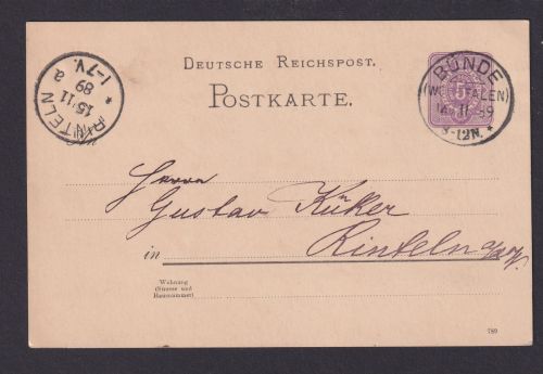 Bünde NRW R1 Westfalen Deutsches Reich Ganzsache nach Rinteln 14.11.1889