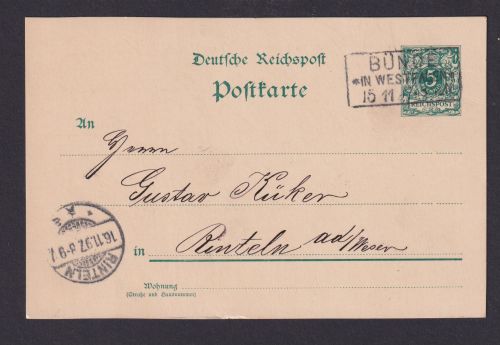 Bünde NRW R3 Westfalen Deutsches Reich Reichspost Ganzsache n Rinteln 15.11.1897