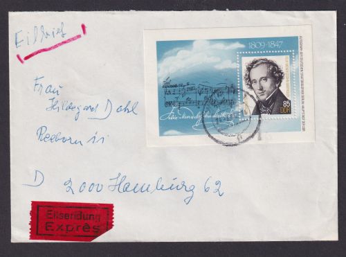Briefmarken DDR Eilboten Brief EF Block 76 Mendelssohn Bartholdy Weimar via