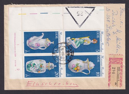 Druckvermerk Briefmarken DDR Zusammendrucke R Brief Meissner Porzellan mit