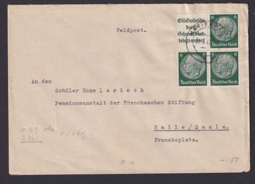 Deutsches Reich Brief Zusammendruck Hindenburg Viererblock Marienbad nach Halle