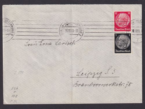 Deutsches Reich Brief Zusammendruck Hindenburg Berlin Charlottenburg Leizig 1939