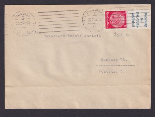 Deutsches Reich Brief Zusammendruck Hindenburg München Hamburg 20.12.1939