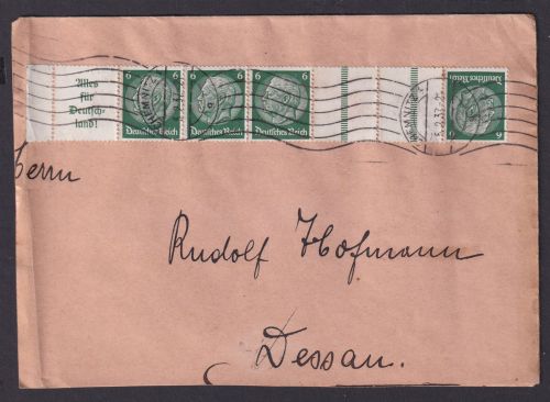 Deutsches Reich Briefstück Zusammendruck Hindenburg MEF Kehrdruck Chemnitz Dessau