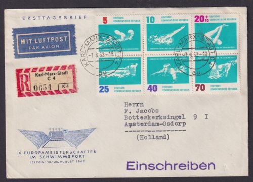 Sport DDR Flugpost Einschreiben Zusammendruck Karl Marx Stadt Amsterdam Osdorp
