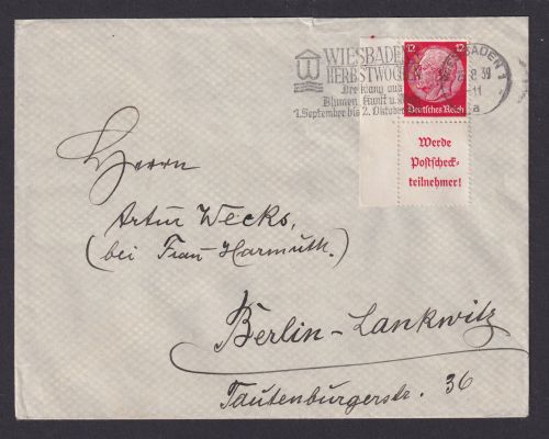 Deutsches Reich Brief Zusammendruck Eckrand Hindenburg Wiesbaden