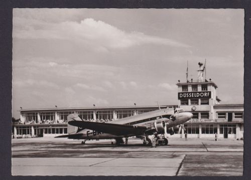 Flugpost Ansichtskarte Flughafen Düsseldorf Flughafen der Wirtschaft an Rhein