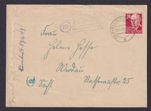 Briefmarken SBZ Brief Landpoststempel Chursdorf über Burgstädt Sachsen EF 24 Pfg