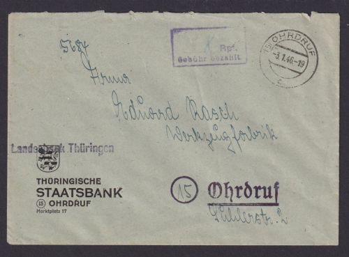 Ohrdruf Briefmarken SBZ Brief mit Barfreimachung 8 Rpf Gebühr bezahlt 3.1.1946