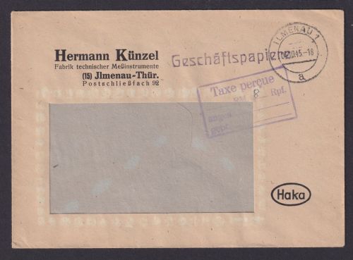 Ilmenau Thüringen SBZ Brief mit Barfreimachung 8 Rpf Gebühr bezahlt 04.10.1945