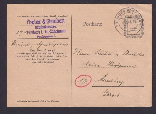 Franz. Zone Baden Ganzsache 6 Rpf. Gebühr bezahlt Freiburg Breisgau n. Annaberg
