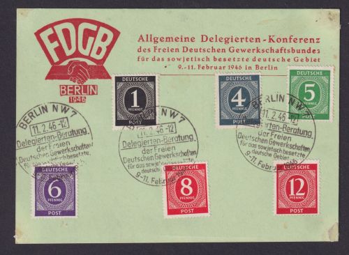 Briefmarken All. Besetzung Gemeinschaft inter. Anlasskarte FDGB Delgierten