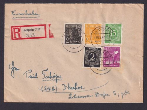 Briefmarken All. Besetzung Gemeinschaft R Brief MIF Leipzig Itzehoe 30.6.1947