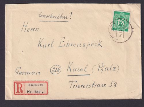 Briefmarken All. Besetzung Gemeinschaft R-Brief apptierter Stempel München 1947