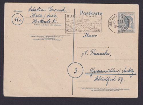 Briefmarken All. Besetzung Gemeinschaft Ganzsache Masch.SST Halle Saale 1947