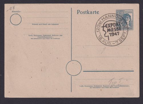 Briefmarken All. Besetzung Gemeinschaft Ganzsache SST Hannover Exportmesse 1948
