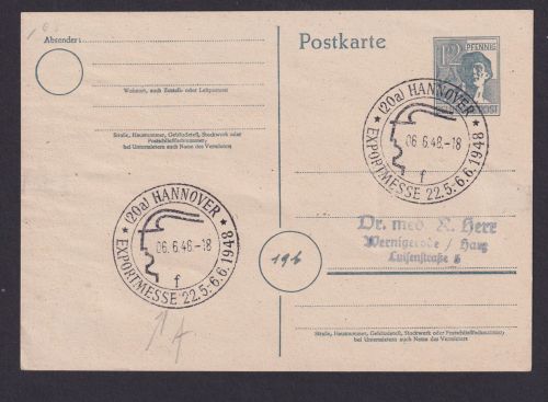 Briefmarken All. Besetzung Gemeinschaft Ganzsache SST Hannover Exportmesse 1948