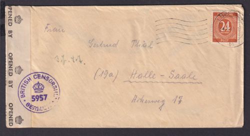 Briefmarken All. Besetzung Gemeinschaft Zensur Brief EF 24 Pfg. Lübeck Halle