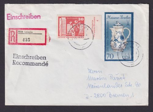 Druckvermerk DDR 1899 Aufbau + Meissner Porzellan R Brief Leipzig Bremen