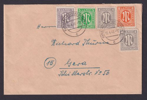 Briefmarken Besetzung Bizone Brief MIF Hamburg Grossflottbek nach Gera 15.4.1946