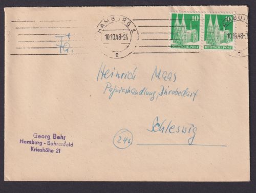 Briefmarken Besetzung Bizone Brief MEF 10 Pfg. Bauten Hamburg Schleswig