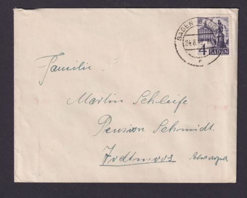 Briefmarken Besetzung Französische Zone Brief EF 4 Pfg. Baden Baden 24.8.1949