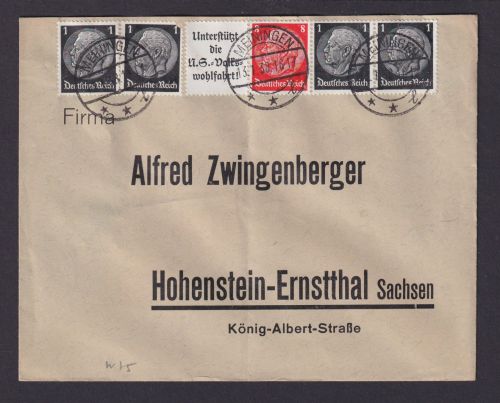 Briefmarken Deutsches Reich Brief Zusammendruck Hindenburg Meiningen Hohenstein