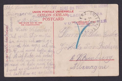 Kriegsgefangenenpost vio L3 Ceylon Asien Görlitz Sachsen Witzenburg Fort Colombo