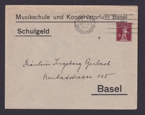 Schweiz Privatganzsache Musik Musikschule Basel bzgl. Schulgeld 5c Tell Umschlag