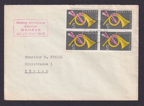 Briefmarken Schweiz Brief Viererblock Posthorn Genf Zürich 1949