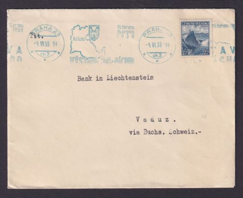 Europa Tschechoslowakei mit blauem Masch.St. Prag 25 mit Wappen 4.6.1938