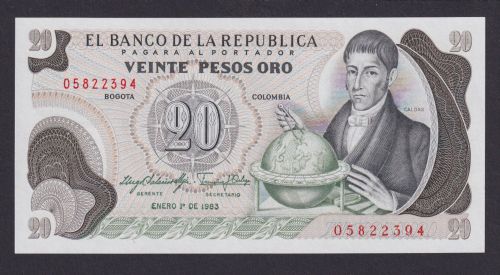 Banknote Geldschein Kolumbien 20 Pesos Übersee Südamerika Bogota Top-Erhaltung