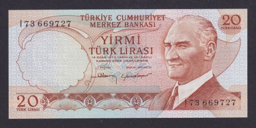 Banknoten Geldscheine Türkei 20 Lira Türkiye Präsident Atatürk 14.10.1970 unc
