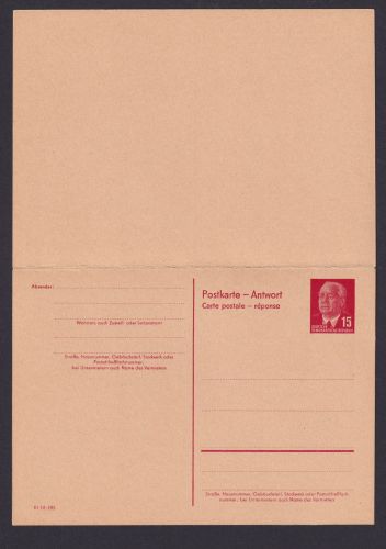 DDR Ganzsache P 65 a Pieck 15 Pfg. Frage und Antwort Kat.-Wert 24,00